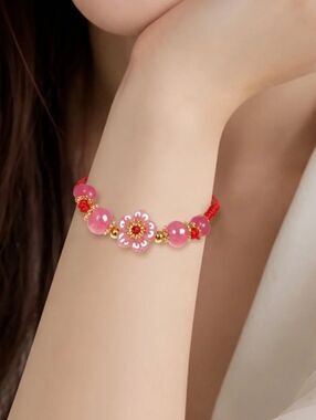 Lucky Red String Flower Bracelet Pink Beaded Adjustable Friendship Gift Feminine